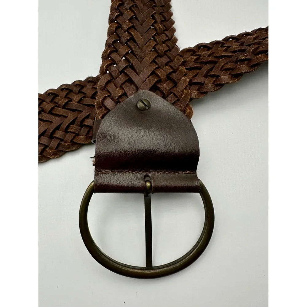 Womens Y2K Woven Leather Belt Sz Large Brown Vintage Wide Braided Boho
